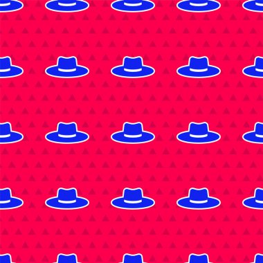 Blue Gardener, farmer or agricultural worker hat icon isolated seamless pattern on red background. Vector