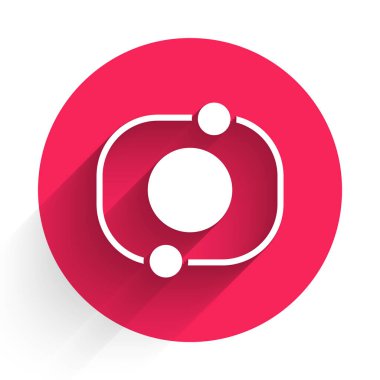 Beyaz Güneş Sistemi simgesi uzun gölge arkaplanı ile izole edildi. Gezegenler yıldızın etrafında dönerler. Kırmızı daire düğmesi. Vektör