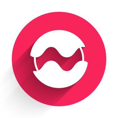 Beyaz Gezegen simgesi uzun gölge arkaplanı ile izole edildi. Kırmızı daire düğmesi. Vektör