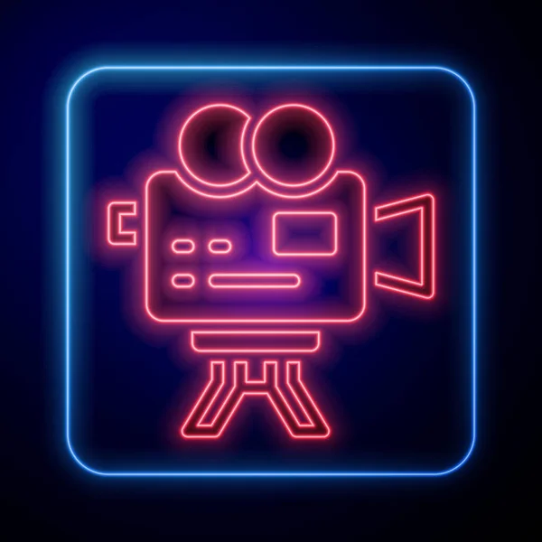 Glowing neon Retro cinema camera icon isolated on black background. Video camera. Movie sign. Film projector. Vector — Vettoriale Stock