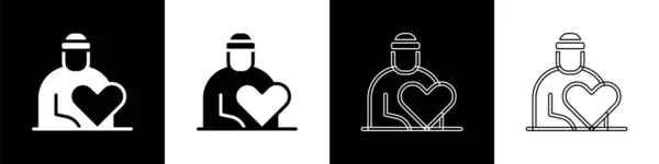 Set Volunteer icon isolated on black and white background. Care, love and good heart community support poor, homeless and elder persons. Vector — Vector de stock