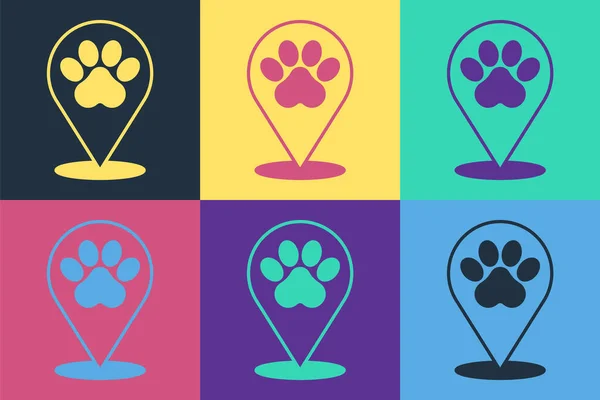 Pop art Map pointer with veterinary medicine hospital, clinic or pet shop for animals icon isolated on color background. Veterinarian clinic. Vector — Stock Vector