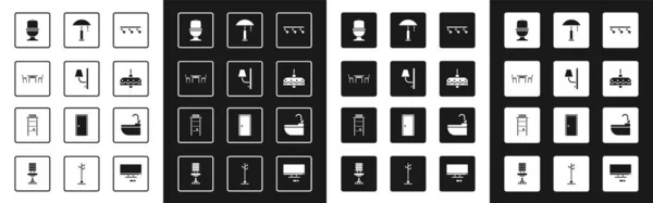 Set Led track lichten en lampen, Wandkap, Houten tafel met stoel, Toilet kom, Kroonluchter, Tafel, Wastafel water kraan en badkamer planken voor handdoeken pictogram. Vector — Stockvector