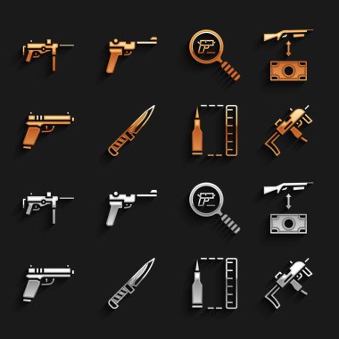 Askeri bıçak, saldırı tüfeği, MP9I hafif makineli tüfek, Mermi, Pistol ya da arama, Submachine M3 ve Mauser ikonu. Vektör