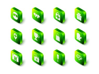 Papyon, Noel alışverişi çantası, hediye paketi, eldiven, kraker, bir bardak şampanya ve Merry House ikonu. Vektör