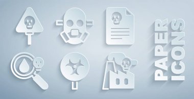 Biyolojik tehlike sembolü, radyasyon uyarı belgesi, Zehirli büyüteç fabrikadan duman, gaz maskesi, kemik ve kafatası ikonu. Vektör