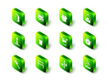 Bir kalıp sabun, tahta kütük, şişe votka, yapraklı çaydanlık, Aroma ayırıcı, askıda havlu, bambu ve sauna ahşap bank ikonu. Vektör