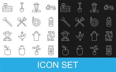 Bal kavanozu, su geçirmez lastik bot, gübre için bahçe spreyi, korkuluk, kürek, dirgen, yatak ve hortum ikonu. Vektör