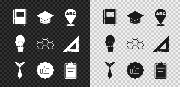 Set Book, Graduation cap, Alphabet, Tie, Hand thumb up, Clipboard with checklist, Light bulb concept of idea and Chemical formula icon. Vector — Archivo Imágenes Vectoriales