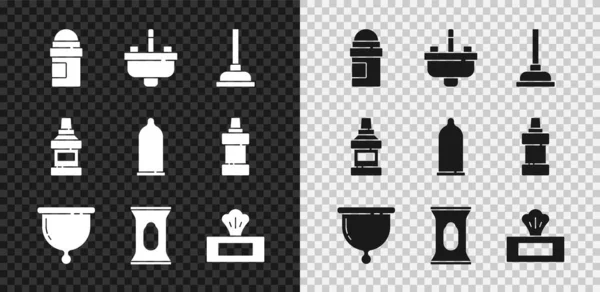 Set Antiperspirant deodorant roll, Washbasin with water tap, Rubber plunger, Menstrual cup, Wet wipe pack, Mouthwash bottle and Condom icon. Vector — Stock Vector