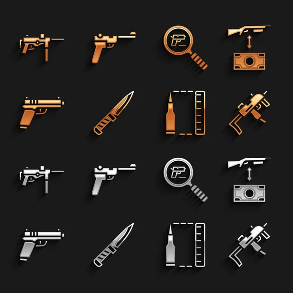 Set Military knife, Buying assault rifle, MP9I submachine gun, Bullet, Pistol or, search, Submachine M3 and Mauser icon. Vector — Stock Vector