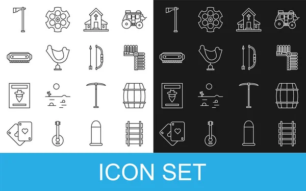 Set line Railway, railroad track, Wooden barrel, Indian headdress with feathers, Church building, Wild west saddle, Harmonica, Tomahawk axe and Bow and arrow quiver icon. Vector — стоковий вектор