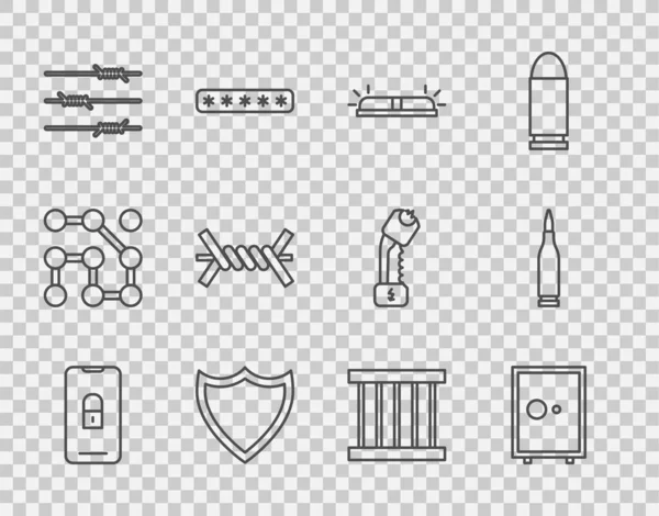 Set line Mobile with closed padlock, Safe, Flasher siren, Shield, Barbed wire, Prison window and Bullet icon. Vector — Stock Vector