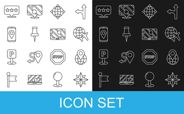 Set line Wind rose, Location on the globe, Globe with flying plane, World compass, Push pin, City map navigation, Map pointer star and icon. Vector — Vector de stock