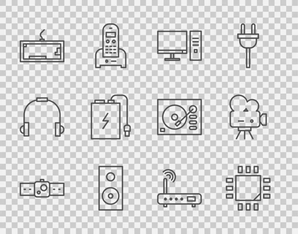 Set line Smartwatch, Processor with microcircuits CPU, Computer monitor, Stereo speaker, Keyboard, Power bank charge cable, Router and wi-fi signal and Retro cinema camera icon. Vector — Stock Vector