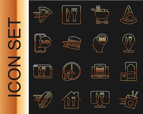 Set line Online ordering noodles delivery, and, Cafe restaurant location, Shopping cart food, burger, Food, pizza and icon. Vector — Image vectorielle