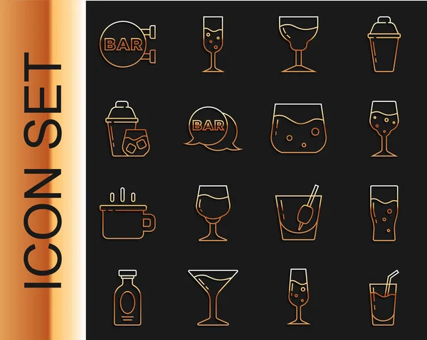 Set line Cocktail, verre de bière, champagne, verre à vin, enseigne de rue avec bar, shaker et icône de whisky. Vecteur — Image vectorielle