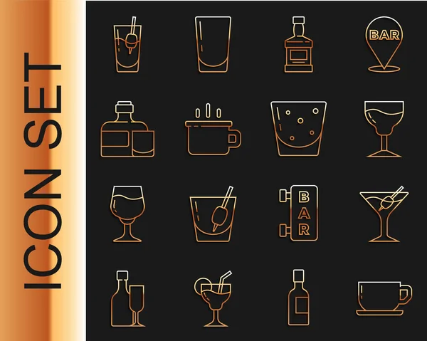 Set line tasse de café, verre Martini, Vin, bouteille de whisky, et, Cocktail Bloody Mary et icône de rhum en verre. Vecteur — Image vectorielle