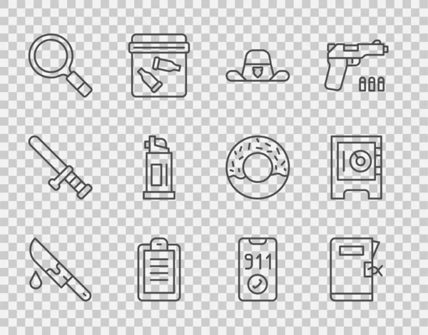 Set line Bloody knife, Police station folder, Sheriff hat with badge, report, Magnifying glass search, Pepper spray, Telephone call 911 and Safe icon. Vector — Stockvektor