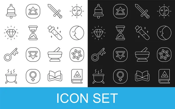 Set line Ancient magic book, Tarot cards, Moon, Medieval sword, Old hourglass with sand, Diamond, Ringing alarm bell and Bottle potion icon. Vector — Image vectorielle