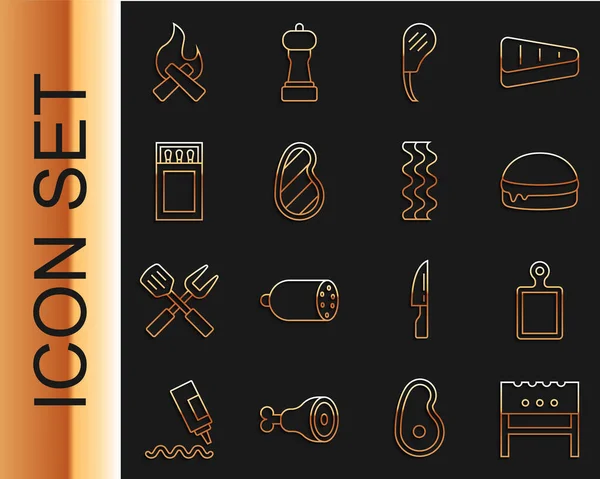Set line BBQ brazier, Cutting board, Burger, Rib eye steak, Steak meat, Matchbox and matches, Campfire and Bacon stripe icon. Vector — Image vectorielle