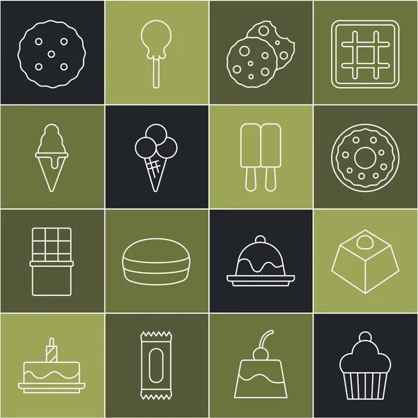 Set-Line-Kuchen, Brownie-Schokoladenkuchen, Donut, Kekse oder Keks, Eis in Waffelkegel und Symbol. Vektor — Stockvektor