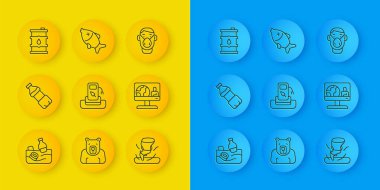 Okyanus, şişe suyu, benzin ya da benzin istasyonu, kasırga, hava tahmini, fıçı yağı, koruyucu maskeli yüz ve ölü balık ikonu. Vektör