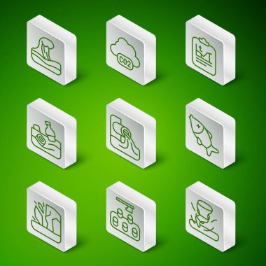 Tornado, ormansızlaşma, tsunami, atık su, okyanus kirliliği, karbondioksit salınımı, buzulların erimesi ve ölü balık ikonu. Vektör