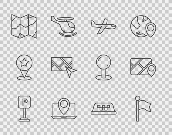 Set line Parking, Location marker, Plane, Laptop with location, Folded map, City navigation, Taxi car roof and Infographic city icon. Vector — Wektor stockowy