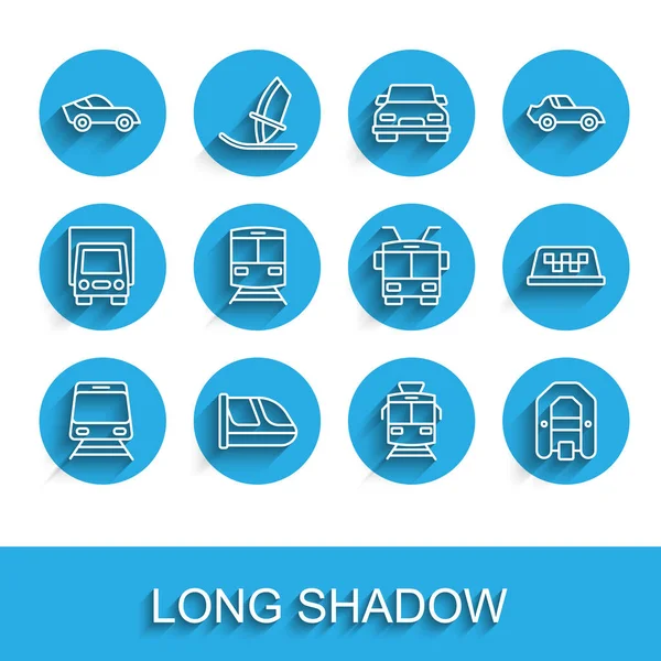 Set line Train and railway, Car, Tram, Rafting boat, Taxi car roof and Trolleybus icon. Vector — Vector de stock