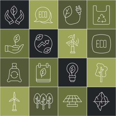 Iceberg, Tree, Leaf Eco sembolü, Yapraktaki elektrik prizi, Bitki eli ve Rüzgar türbini simgesini ayarla. Vektör
