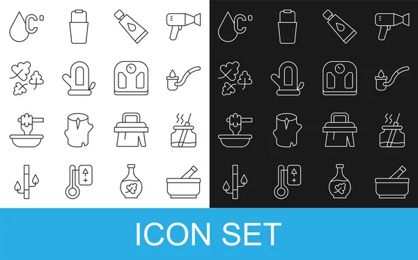 Set line Mortar and pestle, Aroma diffuser, Sauna ladle, Cream lotion cosmetic tube, mitten, Oak leaf, Water temperature and Bathroom scales icon. Vector — Image vectorielle