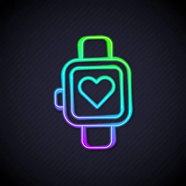 Línea de neón brillante Reloj inteligente que muestra el icono de ritmo cardíaco aislado sobre fondo negro. Concepto de aplicación Fitness. Vector — Vector de stock