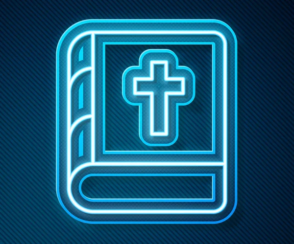 Linea al neon incandescente Icona del libro della Sacra Bibbia isolata su sfondo blu. Vettore — Vettoriale Stock