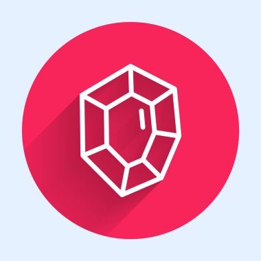 Beyaz çizgi taşı ikonu uzun gölge arkaplan izole. Mücevher sembolü. Elmas. Kırmızı daire düğmesi. Vektör