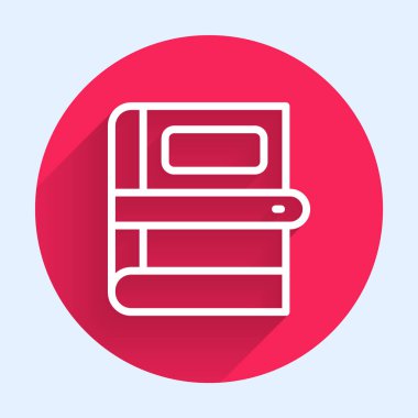 Beyaz çizgi kitabı simgesi uzun gölge arkaplan izole. Kırmızı daire düğmesi. Vektör