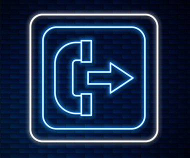 Parlayan neon hattı giden arama ikonu tuğla duvar arka planında izole edildi. Telefon işareti. Telefon ahizesi. Vektör