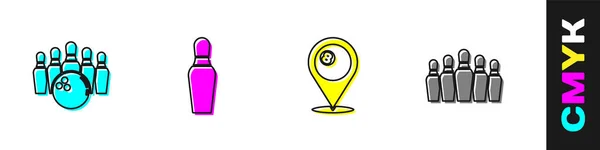 Set Bowling pin and ball, , Location with billiard and icon. Vector — Vetor de Stock