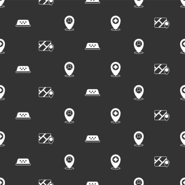 Konumu çapraz hastane, şehir haritası navigasyon bilgileri, taksi arabasının çatısı ve kusursuz desenli bir kişi ile ayarlayın. Vektör