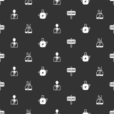 Sauna, Aroma ayırıcı, saunadaki adam ve dikişsiz desenli çaydanlık. Vektör