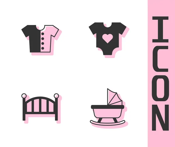 Set Baby stroller, t-shirt, crib cradle bed and clothes icon. Vector — Vetor de Stock