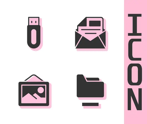 Set Document folder, USB flash drive, Picture landscape and Mail e-mail icon. Vector — Image vectorielle