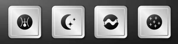 Set Symbol Uranus, Mond und Sterne, Planet und Vollmond-Symbol. Silberner quadratischer Knopf. Vektor — Stockvektor