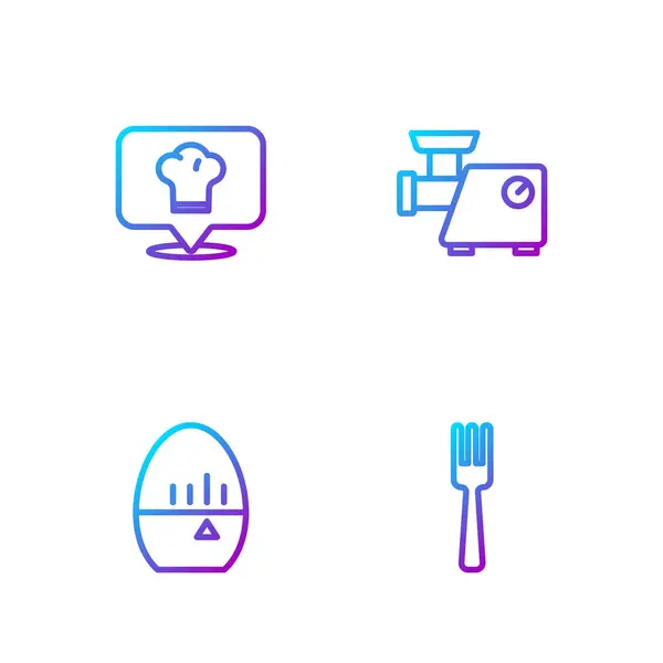 Set line Fork, Kitchen timer, Chef hat with location and meat grinder. Gradient color icons. Vector — Stockový vektor