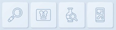 Set line Magnifying glass, Ancient amphorae, Butterfly frame and Portable video game console. White square button. Vector
