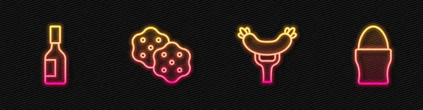Set line Sausage on the fork, Tabasco sauce, Cracker biscuit and Chicken egg stand. Glowing neon icon. Vector — Stockový vektor