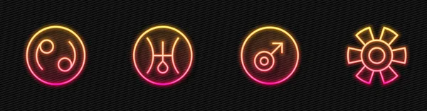 Set line Mars symbol, Cancer zodiac, Symbol Uranus and Sun. Glowing neon icon. Vector — стоковый вектор
