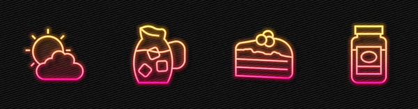 Set line Piece of cake, Sun and cloud weather, Jug glass with water and Jam jar. Glowing neon icon. Vector — стоковый вектор