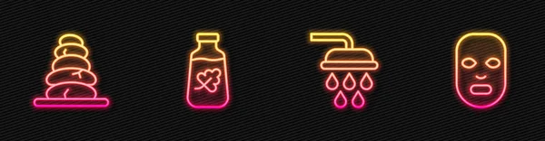 Set line Shower, Stack hot stones, Essential oil bottle and Facial cosmetic mask. Glowing neon icon. Vector — Stockvektor