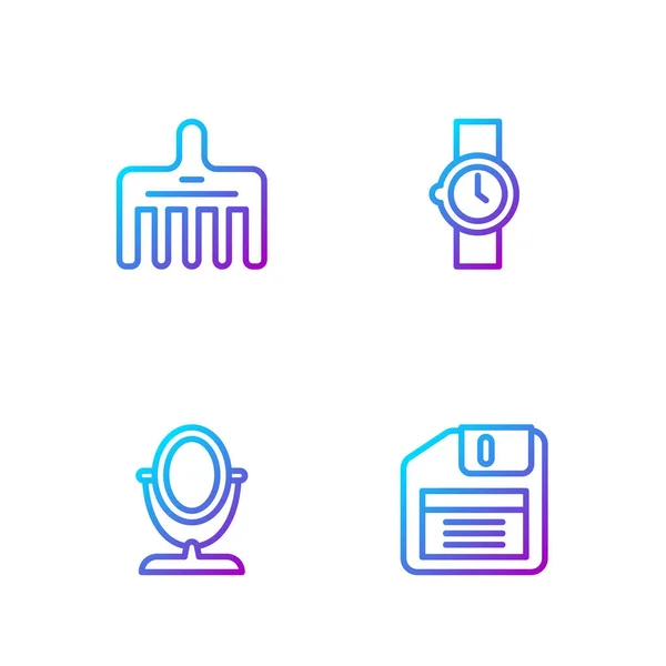 Set line Floppy disk, Round makeup mirror, Hairbrush and Wrist watch. Gradient color icons. Vector —  Vetores de Stock